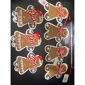 Set of 7 Gingerbread Man Christmas Ornaments with Red Bows and Scarves